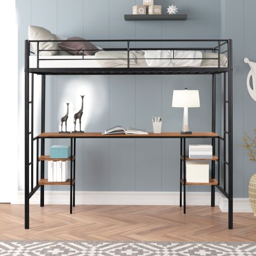 Twin-Size Loft Bed With Built-in Table & Shelves - Heavy-Duty Metal Twin-Size Loft Bed With Built-in Table & Shelves - Heavy-Duty Metal